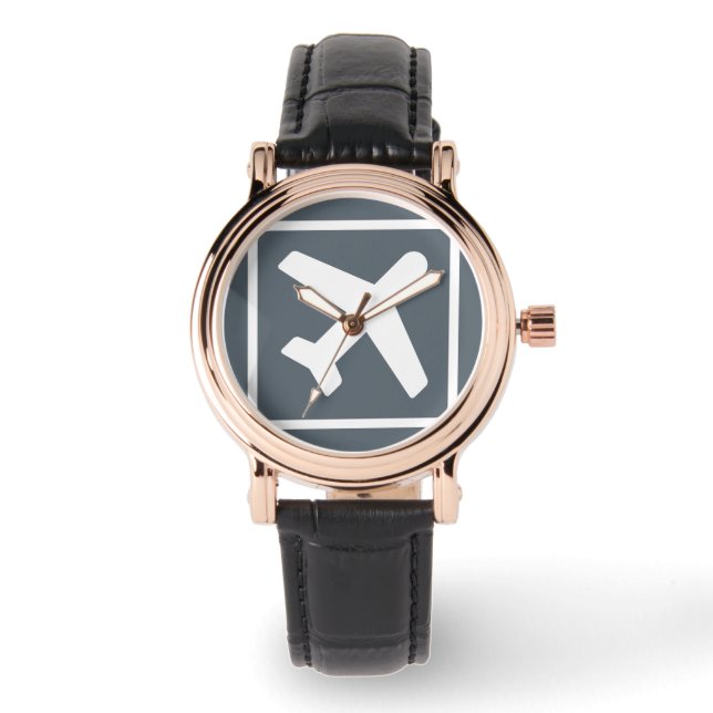 正方形の航空テーマ飛行機のアイコン旅行時計 腕時計 (正面)