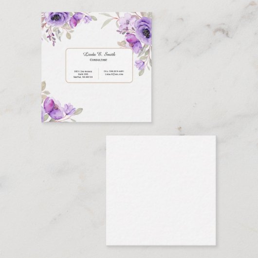 正方形の通話カード – 紫フローラ コーリングカード (正面/裏面)