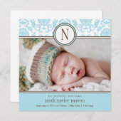 正方形の青いダマスク織|の誕生の発表 案内状 (正面/裏面)