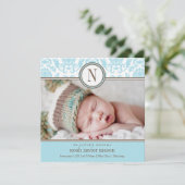 正方形の青いダマスク織|の誕生の発表 案内状 (スタンド正面)