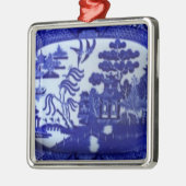 正方形の青いヤナギのオーナメントはあなたの木をつけます メタルオーナメント (左)