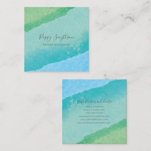 正方形の青および緑のモダンな水彩画 スクエア名刺 (正面/裏面)