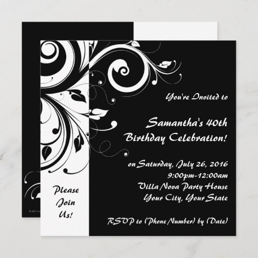 正方形の黒+白の逆旋回パーティの招待状 招待状 (正面/裏面)