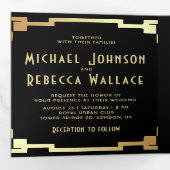 正方形アールデコフレームブラック金ゴールドQRコード結婚ズ 三つ折り招待状 (内部最初)