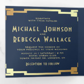 正方形アールデコフレーム海軍金ゴールドQRコード結婚ズ 三つ折り招待状 (内部最初)