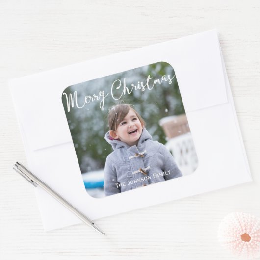 正方形クリスマスグリーティングステッカー写真の追加 スクエアシール (封筒)