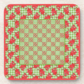 正方形コースターのセット:赤いドラゴン、緑のギンガム コースター (正面)