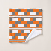 正方形ストライプオレンジ色のグレー白の幾何学的パターン バスタオルセット (ウォッシュタオル)