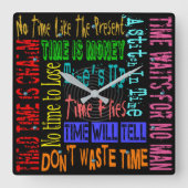 正方形ネオン – 明るい色の時間ことわざ時計 スクエア壁時計 (正面)