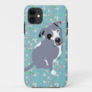 正方形パターンのかわいい灰色のピットブルの子犬 iPhone 11 ケース