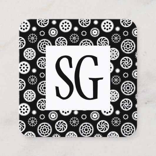 正方形パネル – イニシャル-ギアパターン スクエア名刺 (正面)