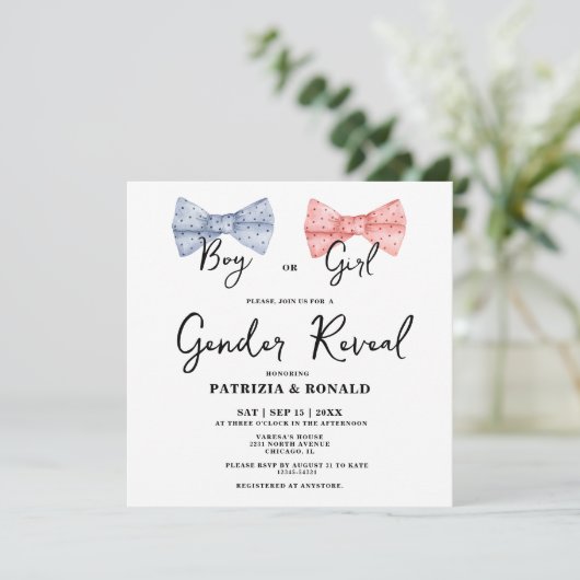 正方形ピンクとブルーの弓ジェンダー表示パーティー 招待状 (スタンド正面)