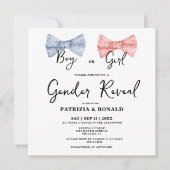 正方形ピンクとブルーの弓ジェンダー表示パーティー 招待状 (正面)