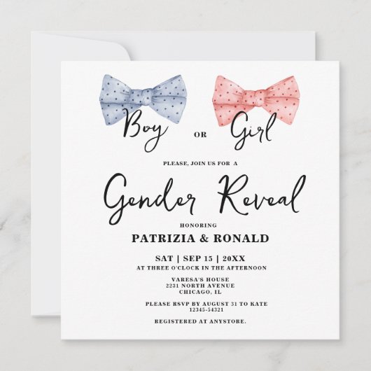 正方形ピンクとブルーの弓ジェンダー表示パーティー 招待状 (正面)