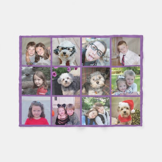 正方形フォトコラージュ – 最大12枚の写真パープル フリースブランケット (正面(横))
