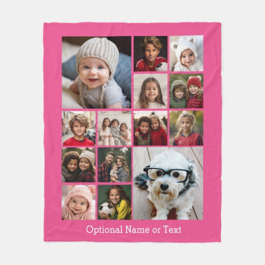 正方形フォトコラージュ – 最大14枚の写真ピンク フリースブランケット (正面)