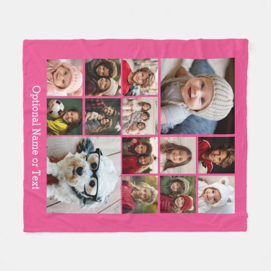 正方形フォトコラージュ – 最大14枚の写真ピンク フリースブランケット (正面(横))