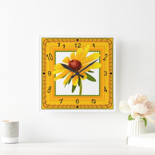 正方形フレームの黄色い黒目のスーザン スクエア壁時計 (ホーム)