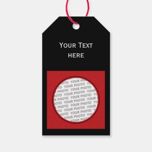 正方形フレーム赤+あなたの写真、文字&バックガー。 ギフトタグ (正面)