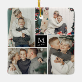 正方形モノグラムシンプルフォトコラージョスクリスマス セラミックオーナメント