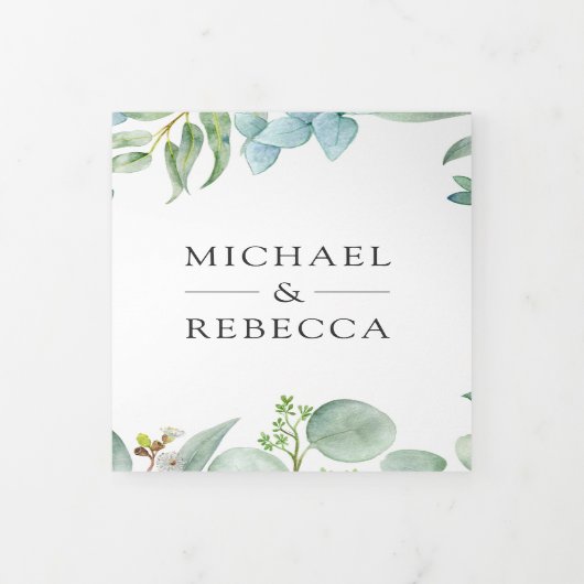 正方形ユーカリプタスフレームQRコード結婚ズ 三つ折り招待状 (カバー)