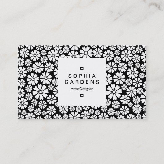 正方形ラベル03a - 8花びら – 黒の上に白 名刺 (正面)