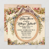 正方形ヴィンテージフランスの水彩バラフローラつる植物 招待状 (正面/裏面)