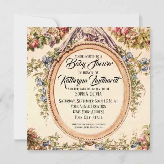 正方形ヴィンテージフランスの水彩バラフローラつる植物 招待状 (正面)