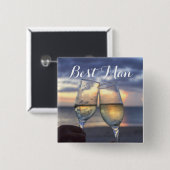 正方形花婿介添人サンセットオンビーチ結婚式ボタン 缶バッジ (正面&裏面)