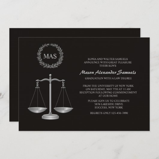 正義のスケール及びリースの法律学校の卒業Inv 招待状 (正面/裏面)