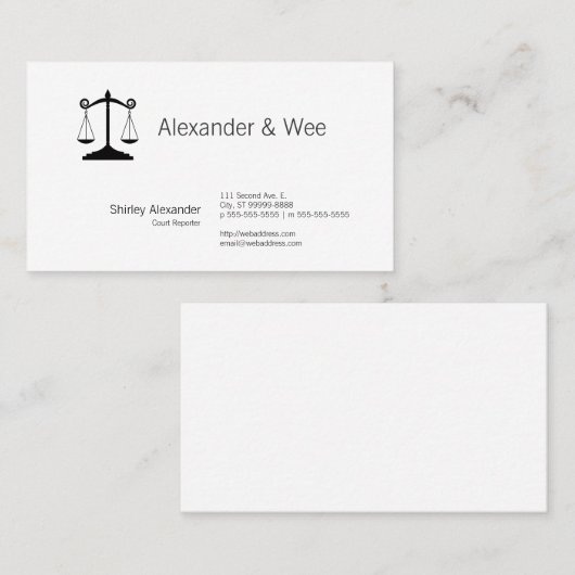 正義の法廷記者のはかりで測られる 名刺 (正面/裏面)