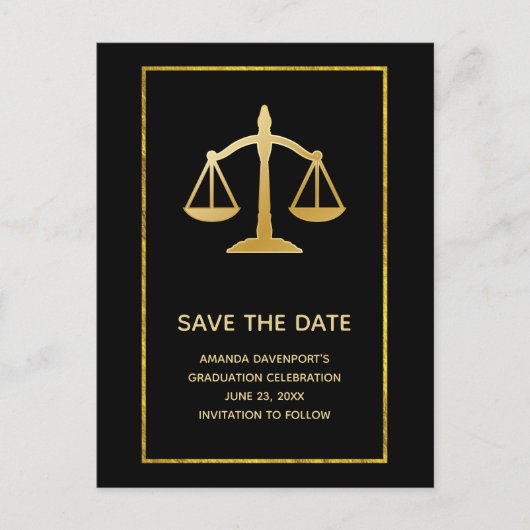 正義の黄金の天秤 法律 テーマ Save the Date インビテーションポストカード (正面)