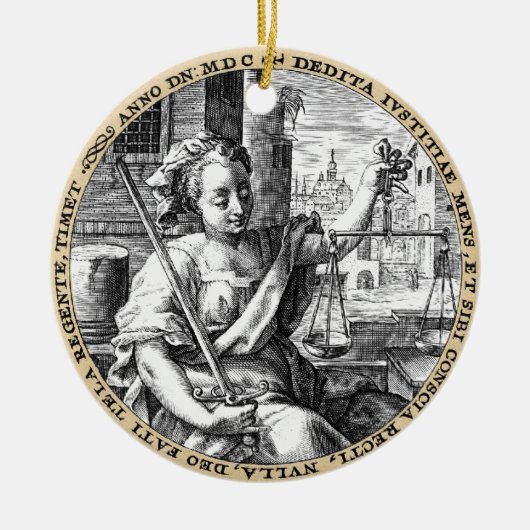 正義はかりで測のセピア セラミックオーナメント (正面)