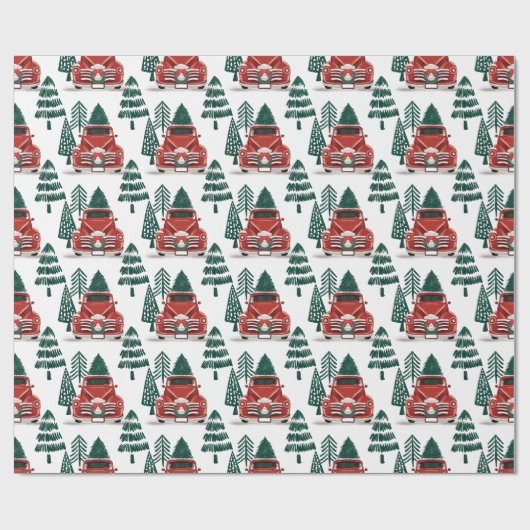 正面図のヴィンテージの赤いトラックのクリスマスツリー ラッピングペーパー (フラット)