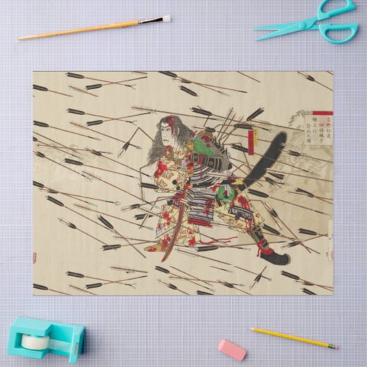 武士の正行は矢の雨に当たって戦っている 薄葉紙 (クラフト)