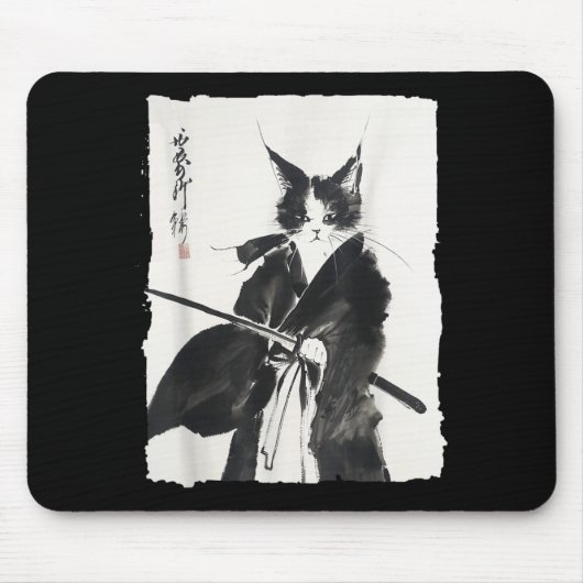 武士猫戦士の墨絵 - 日本の芸術ネコ マウスパッド (正面)