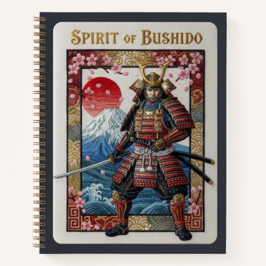 武士道の精神 刺繍風サムライと富士山 ノートブック (正面)