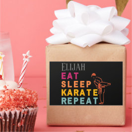 武術アートブラック空手シルエットモダン名 長方形シール