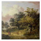 歩いている女性および子供との樹木が茂った景色 タイル (正面)