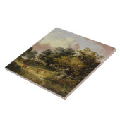 歩いている女性および子供との樹木が茂った景色 タイル (側面)