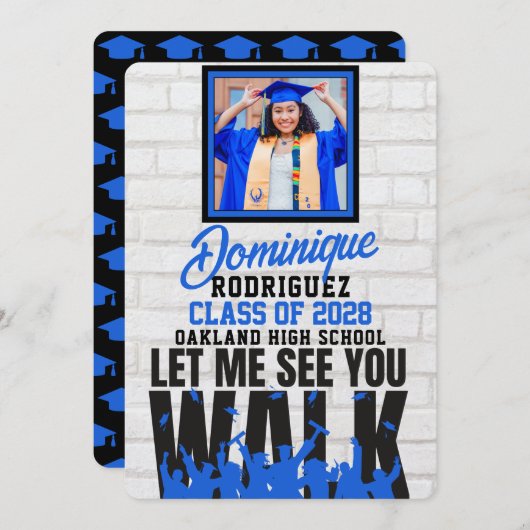 歩いて見せてくれ |青いおもしろい写真卒業 招待状 (正面/裏面)