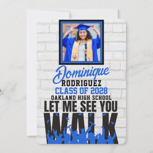 歩いて見せてくれ |青いおもしろい写真卒業 招待状 (正面)