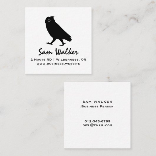 歩くフクロウシルエット |ワイルドライフブラックとホワイト スクエア名刺 (正面/裏面)