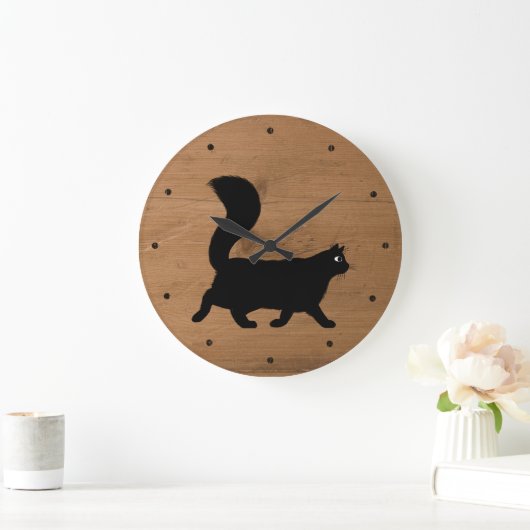 歩くブラックキャット(長いフワフワのテールウッドフェイク) ラージ壁時計 (ホーム)