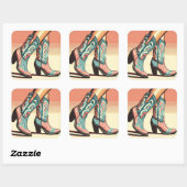 歩く女性のカーボーイピンクアンドブルーブーツアーポップ・アートのト スクエアシール (シート)