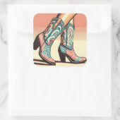 歩く女性のカーボーイピンクアンドブルーブーツアーポップ・アートのト スクエアシール (バッグ)