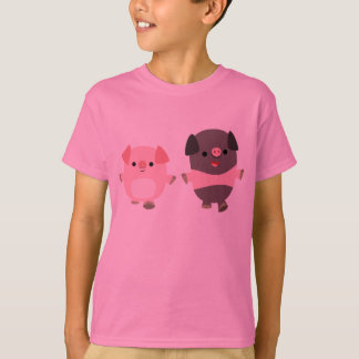 歩く子ども達のかわいい漫画の豚Tシャツ Tシャツ