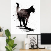 歩く猫シルエットブラックオンホワイト ポスター (ホームオフィス)
