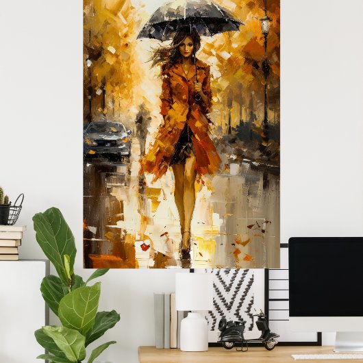 歩く秋の雨:女性の瞑想 – ポスター (ホームオフィス)