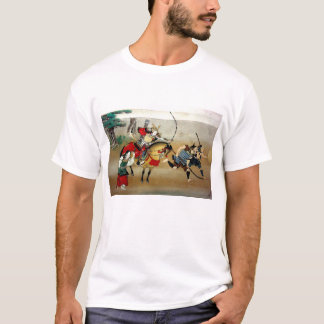 歩兵の侍が馬に乗って攻撃する Tシャツ